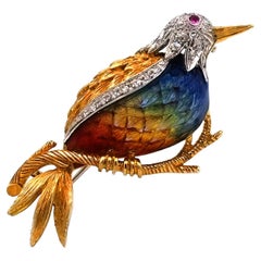 Vintage Enamel and Diamond 18K Gold Bird Brooch Italy circa 1960