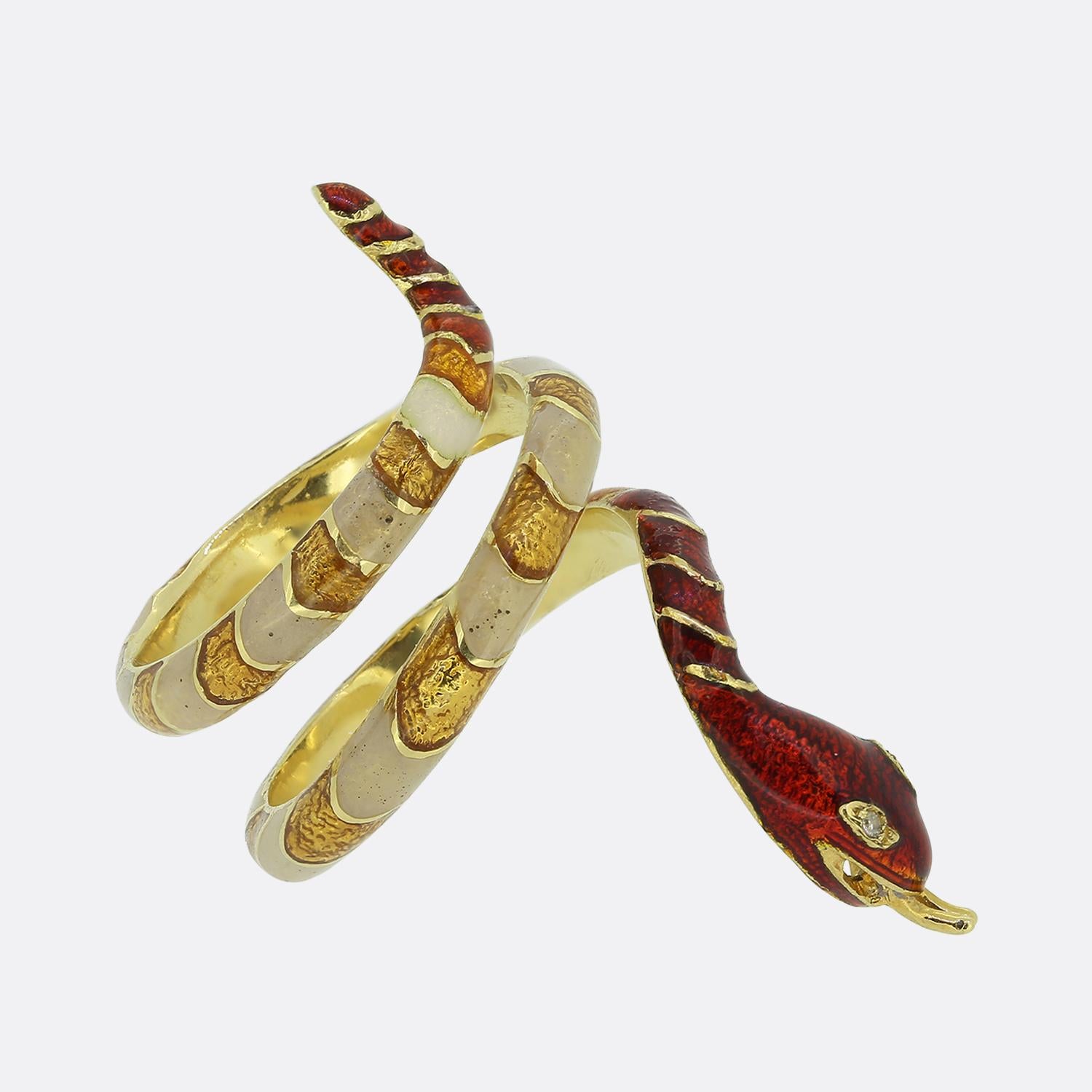Single Cut Vintage Enamel and Diamond Snake Ring Size J 1/2 (49.5) For Sale