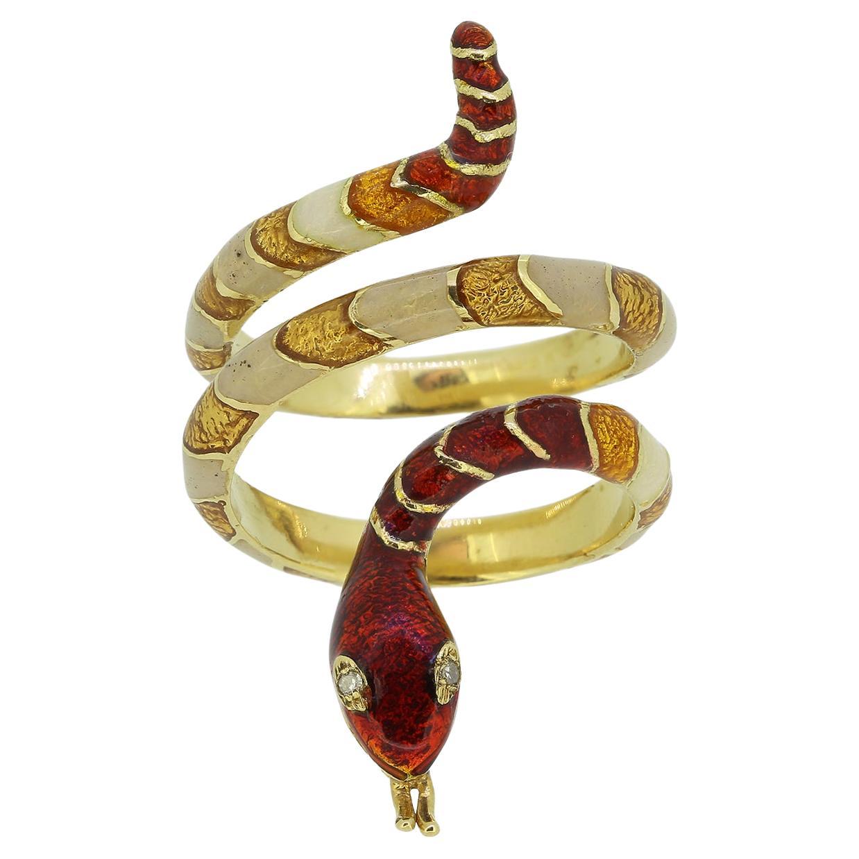 Vintage Enamel and Diamond Snake Ring Size J 1/2 (49.5) For Sale