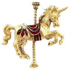 Vintage Enamel and Diamond UNICORN Carousel Gold Brooch Pin