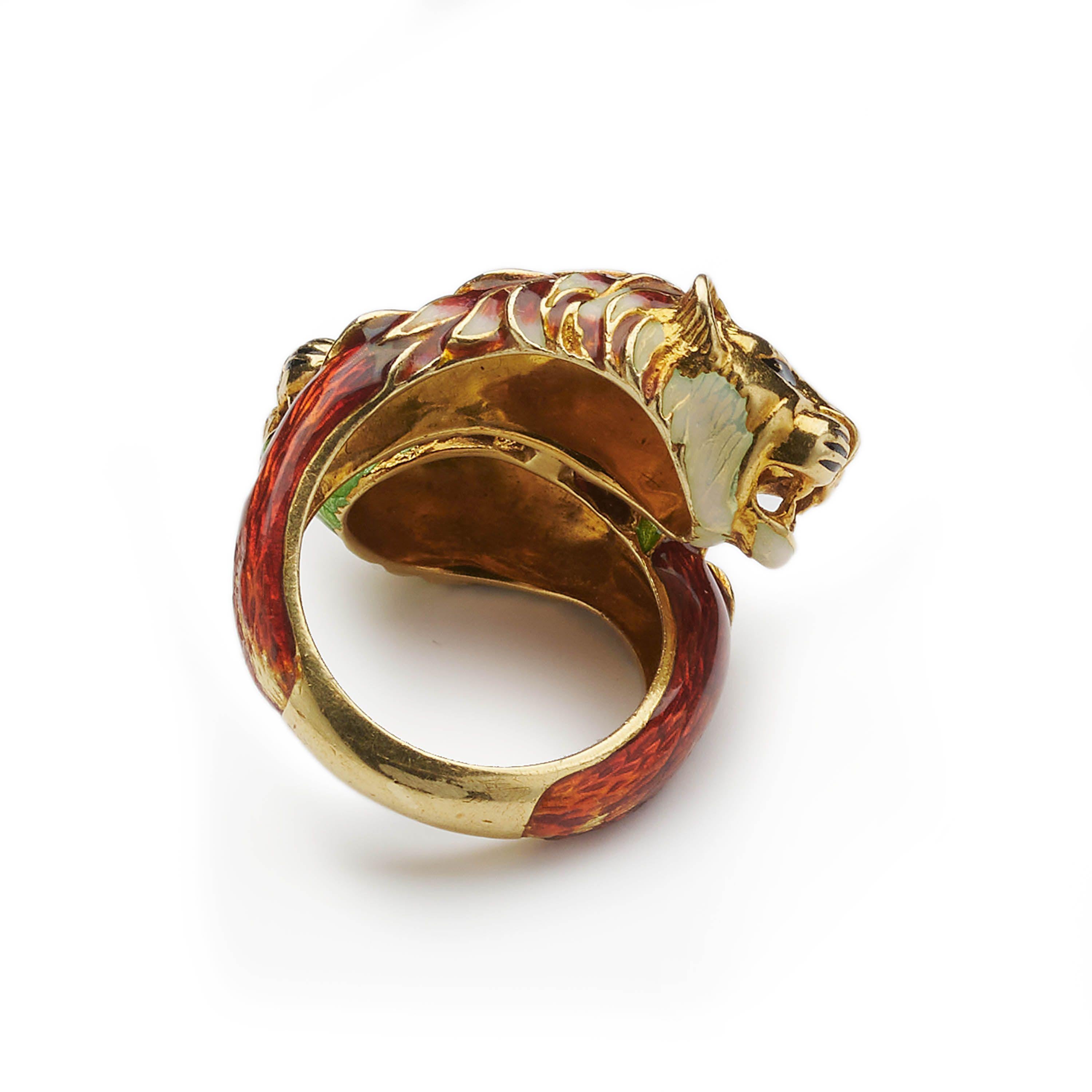 Vintage Enamel and Gold Double Lion Head Ring by Zolatas, Circa 1980 For Sale 1