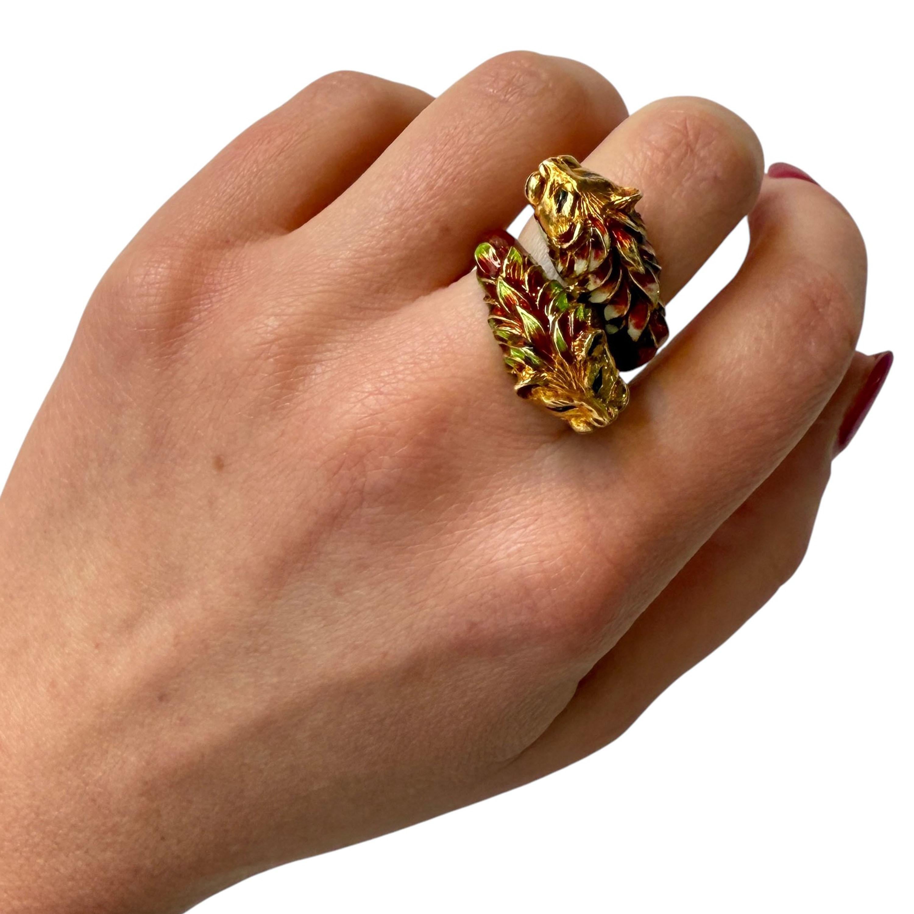 Vintage Enamel and Gold Double Lion Head Ring by Zolatas, Circa 1980 For Sale 5