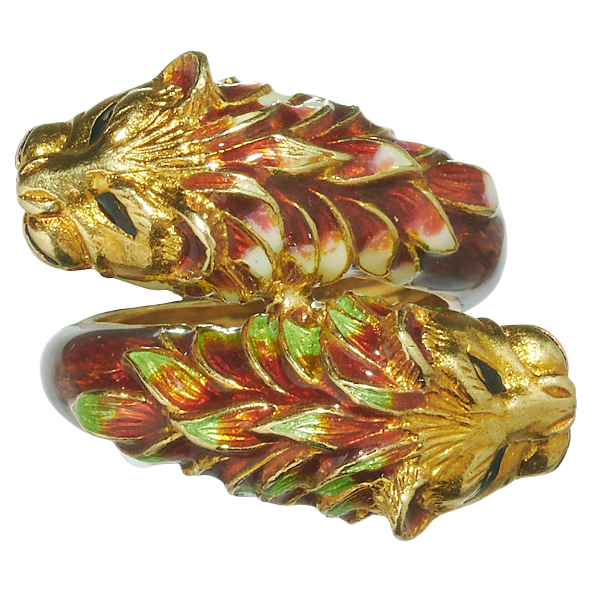 Vintage Enamel and Gold Double Lion Head Ring by Zolatas, Circa 1980