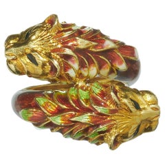 Vintage Enamel and Gold Double Lion Head Ring by Zolatas, Circa 1980
