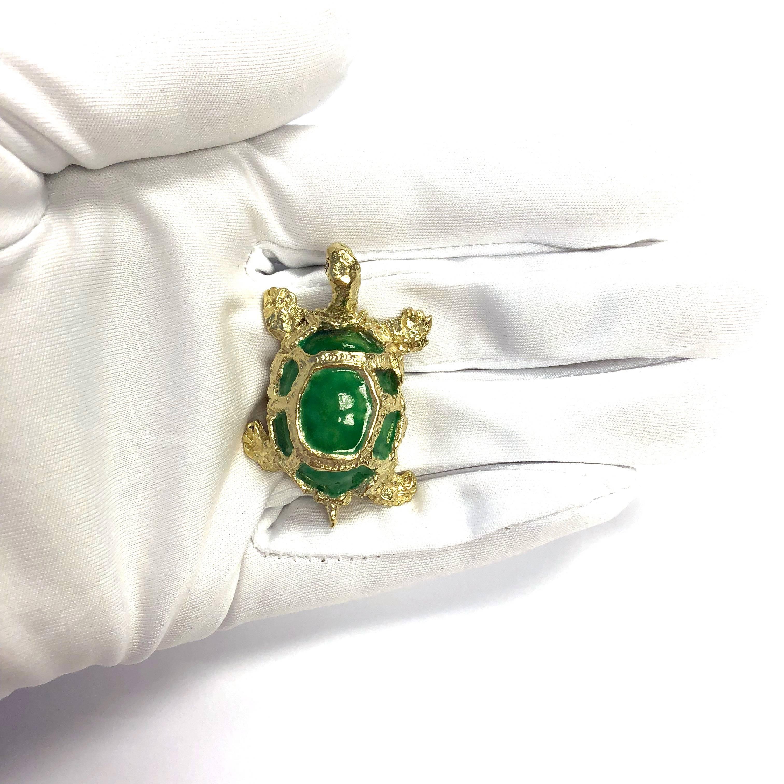 Women's or Men's Vintage Enamel and Gold Turtle Pin Pendant