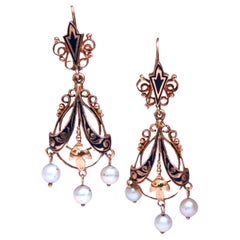 Vintage Enamel And Pearl Dangle Earrings 14kt 12529