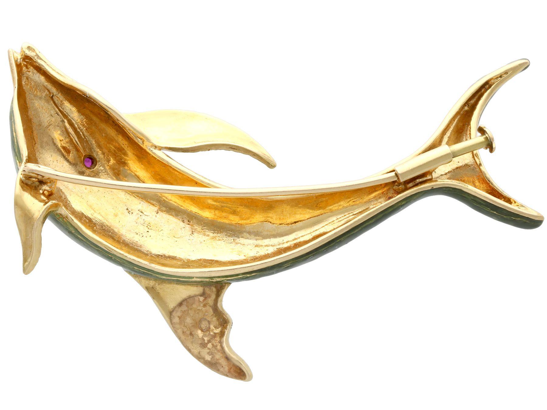 Vintage Enamel and Ruby 18k Yellow Gold Dolphin Brooch, Circa 1980 1
