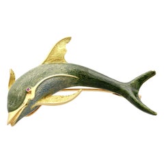 Vintage Enamel and Ruby 18k Yellow Gold Dolphin Brooch, Circa 1980