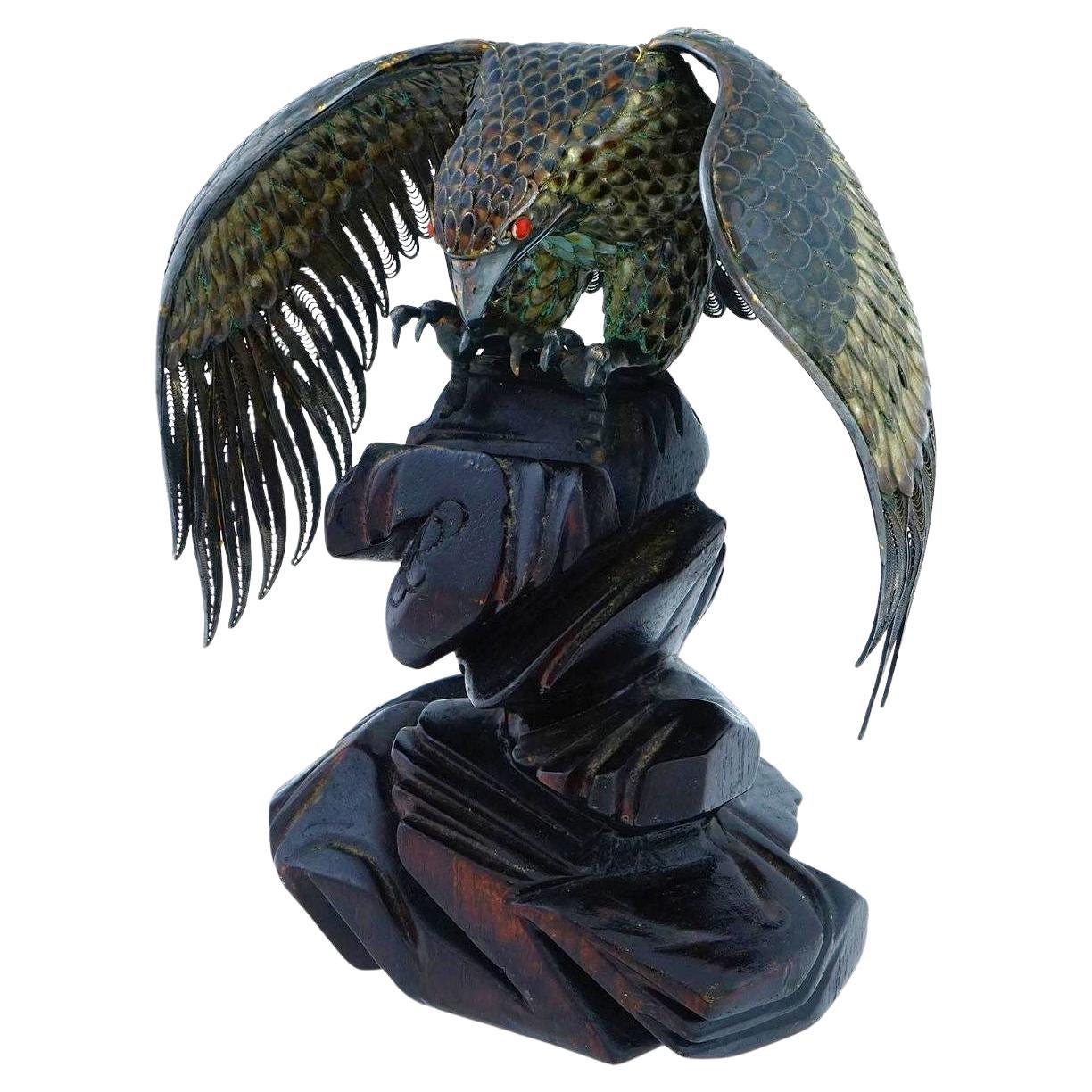 Vintage Enamel and Silver Filigree Eagle Figurine on Stand For Sale