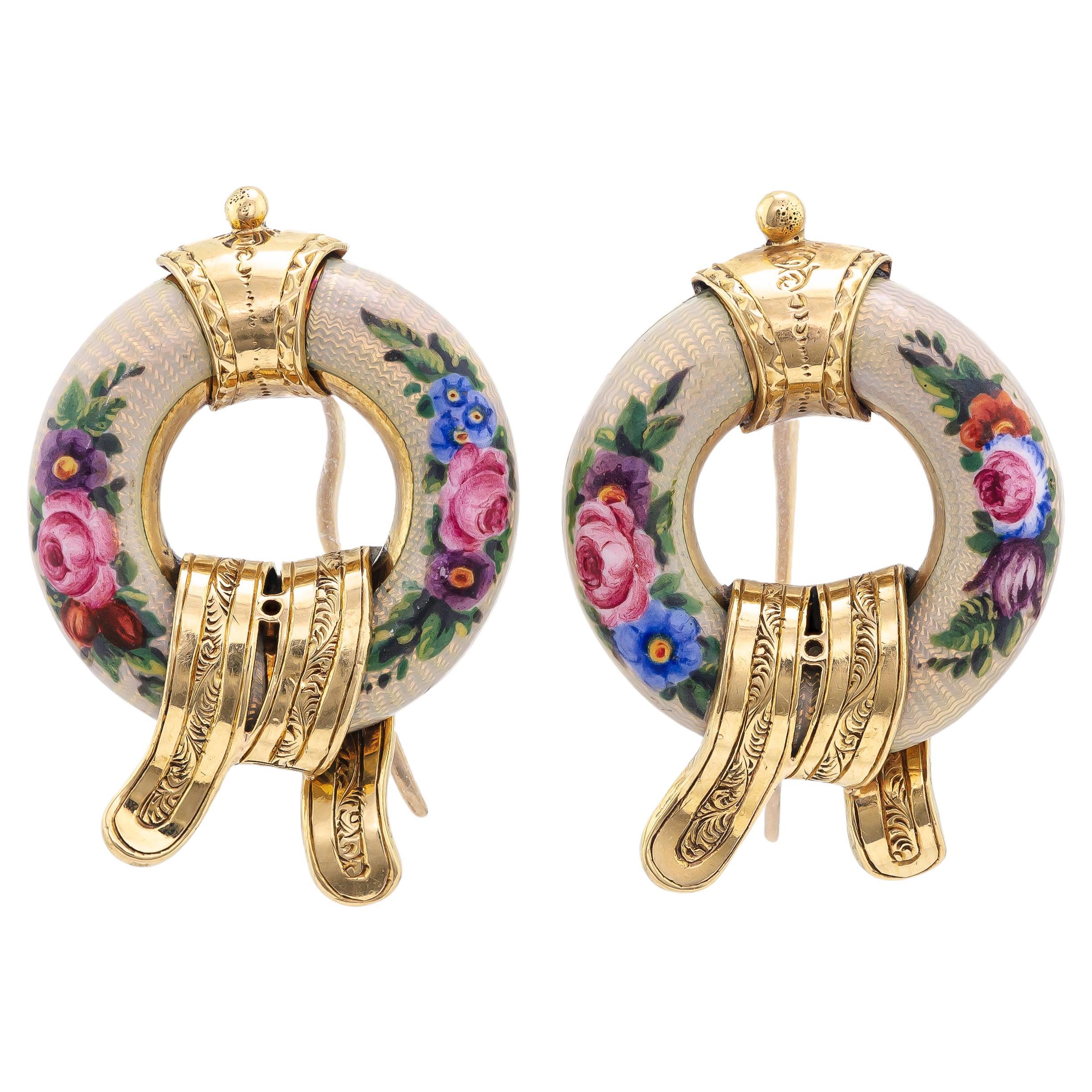 Vintage Enamel and Yellow Gold Floral Motif Wreath Earrings For Sale