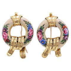 Vintage Enamel and Yellow Gold Floral Motif Wreath Earrings
