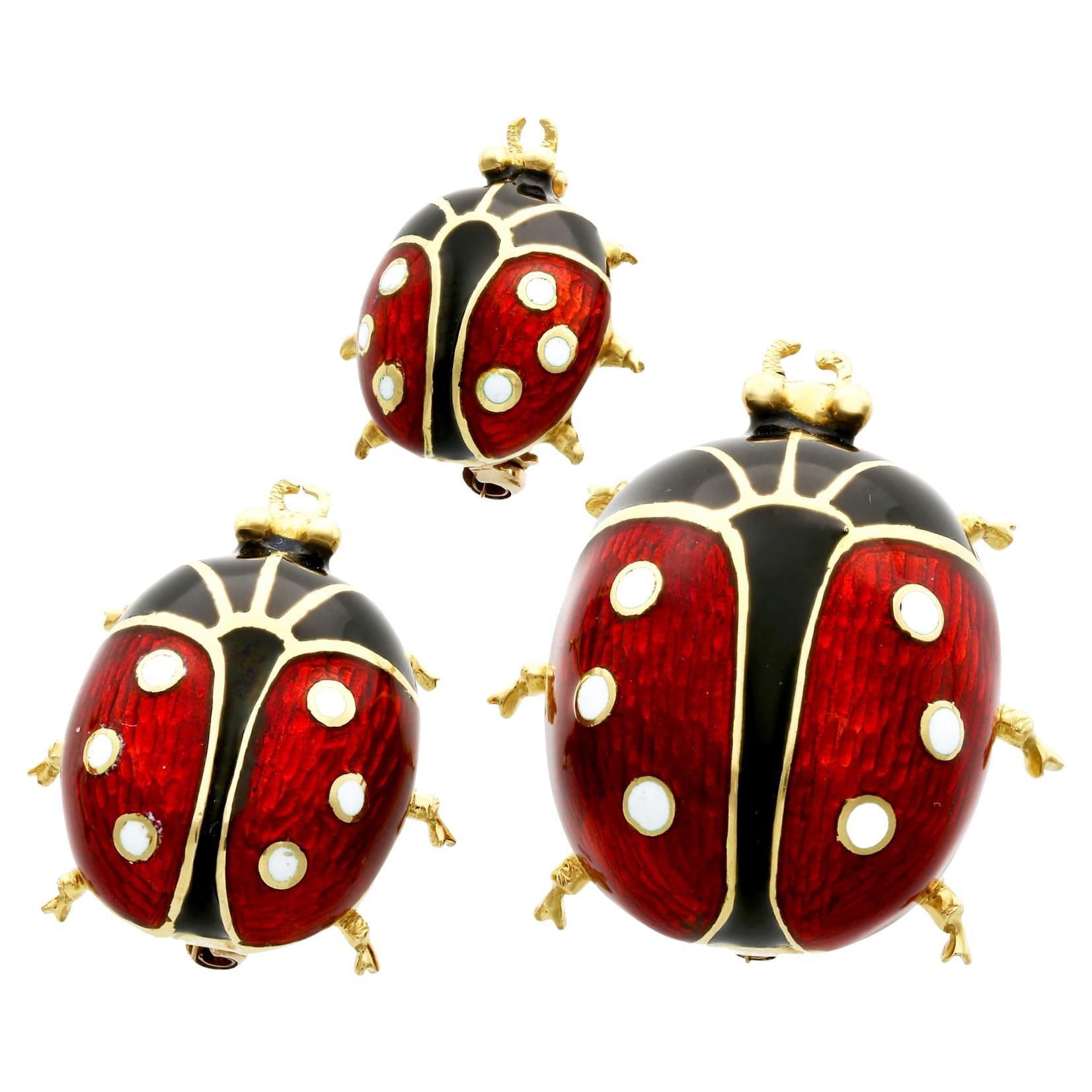 Vintage Enamel and Yellow Gold Ladybird Brooches, Circa 1980 For Sale