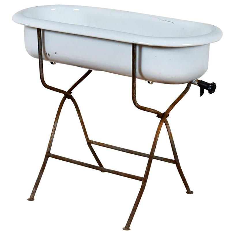 Vintage Enamel Bath on a Metal Stand, 20th Century For Sale at 1stDibs