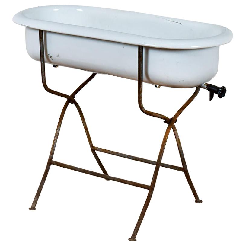 Vintage Enamel Bath on a Metal Stand, 20th Century For Sale