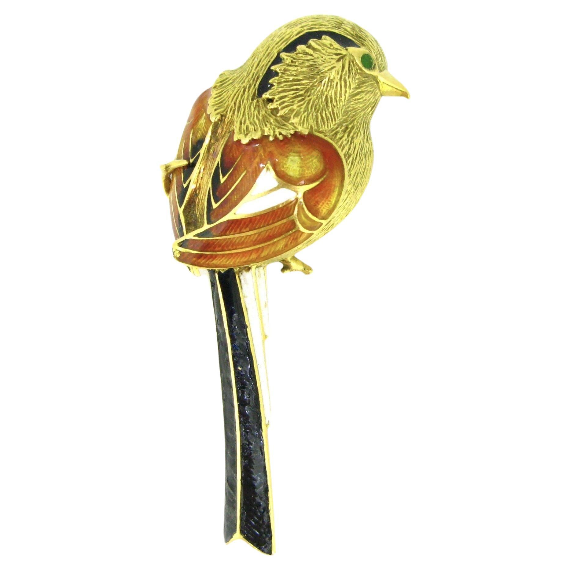 Vintage Enamel Bird on a Branch Brooch, 18kt Yellow Gold, France, circa 1960 For Sale