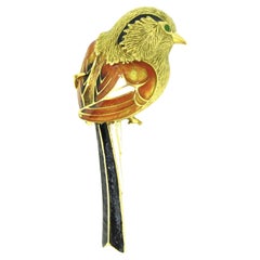 Vintage Enamel Bird on a Branch Brooch, 18kt Yellow Gold, France, circa 1960