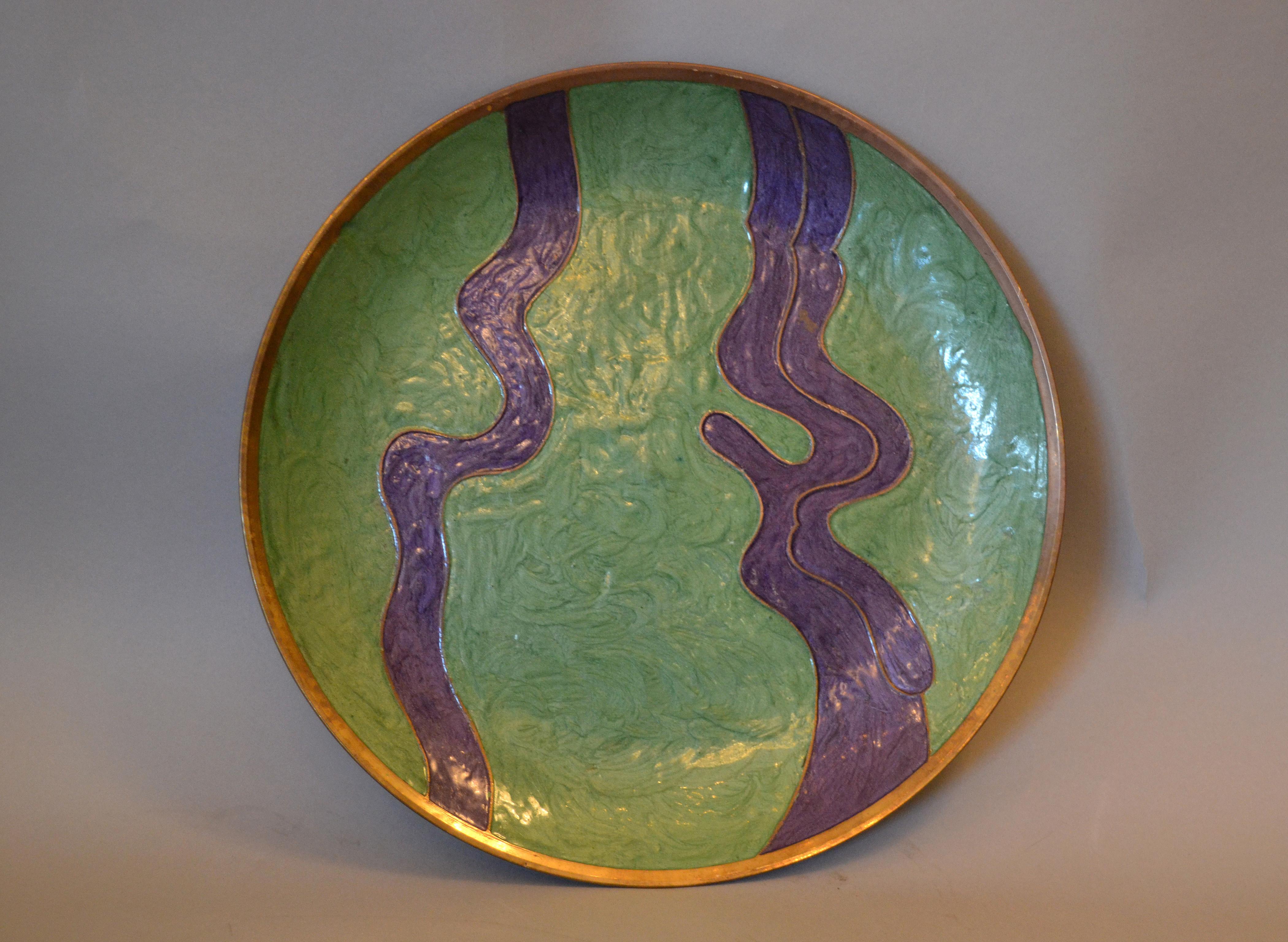 Vintage Enamel Brass Decorative Bowl, Plate, Centerpiece 2