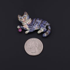 Vintage Enamel Cat Brooch of 14k Gold