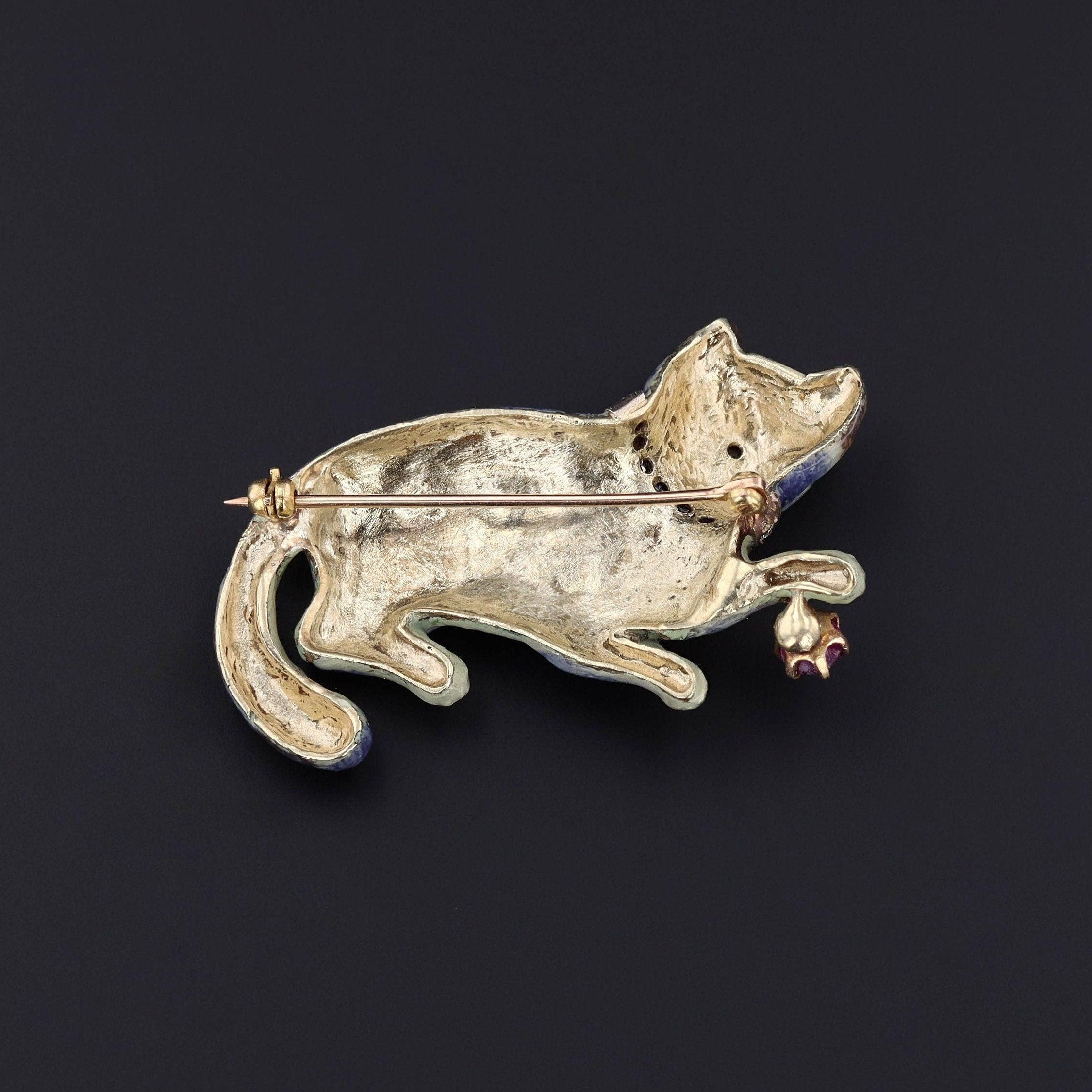 Contemporary Vintage Enamel Cat Brooch of 14k Gold For Sale