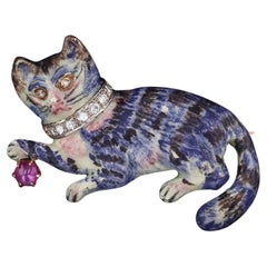 Vintage Enamel Cat Brooch of 14k Gold