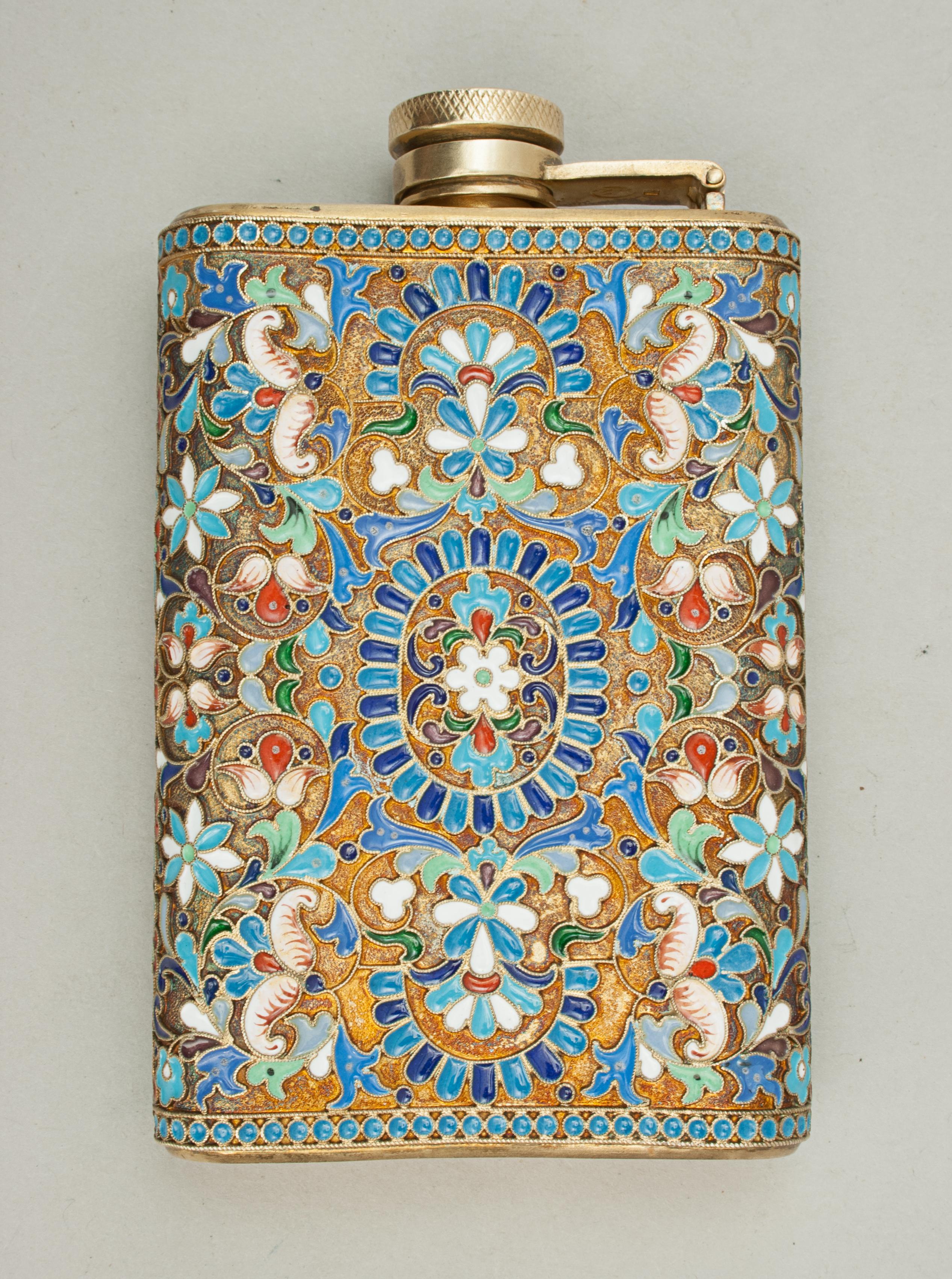 Vintage Enamel Cloisonné Hip Flask, Russian 4