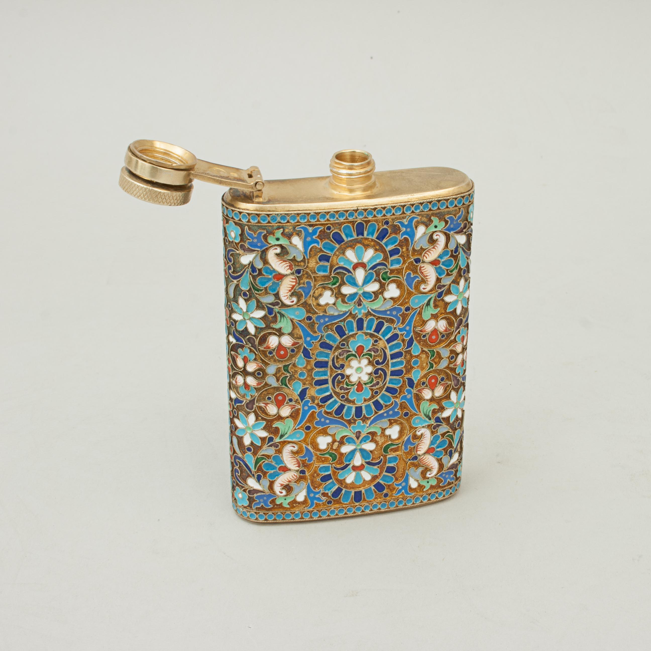 20th Century Vintage Enamel Cloisonné Hip Flask, Russian