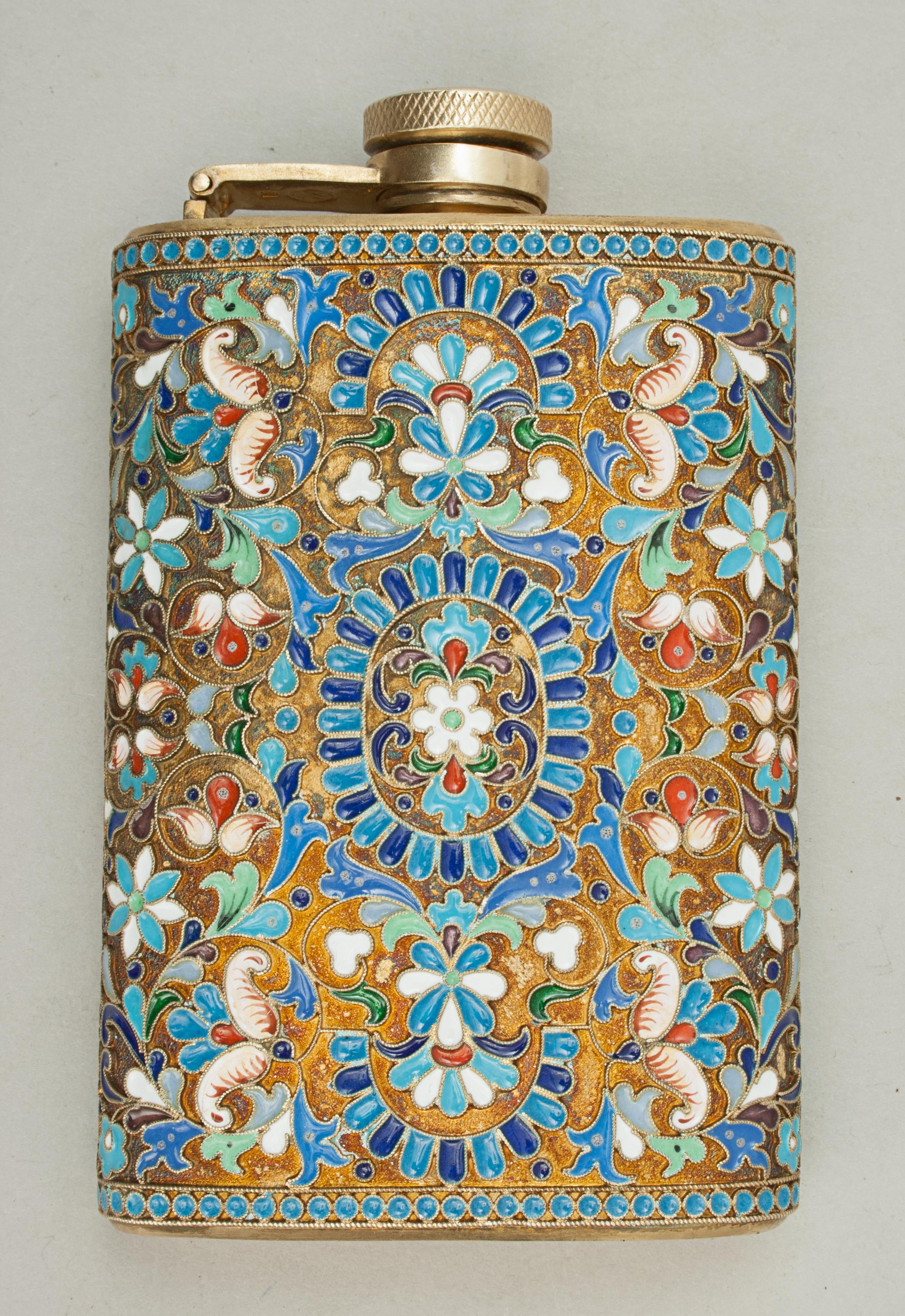 Vintage Enamel Cloisonné Hip Flask, Russian 2