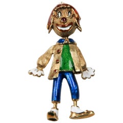 Vintage Enamel Clown Brooch by Martine in 14 Karat Yellow Gold