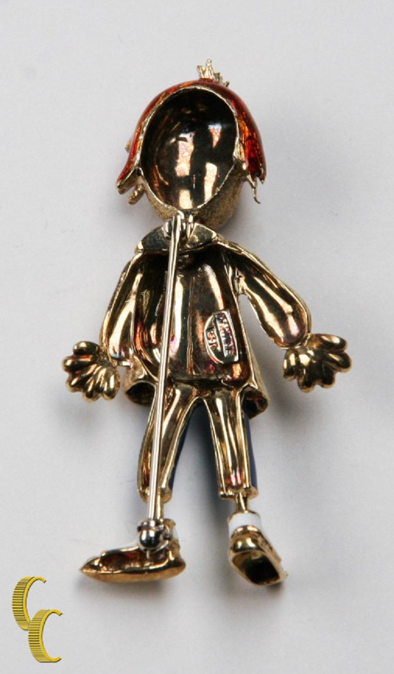 Vintage-Clown-Brosche
Designer Martine 
14K Gold und Emaille 
Beweglicher Kopf 
Gesamtmasse = 14,2 g