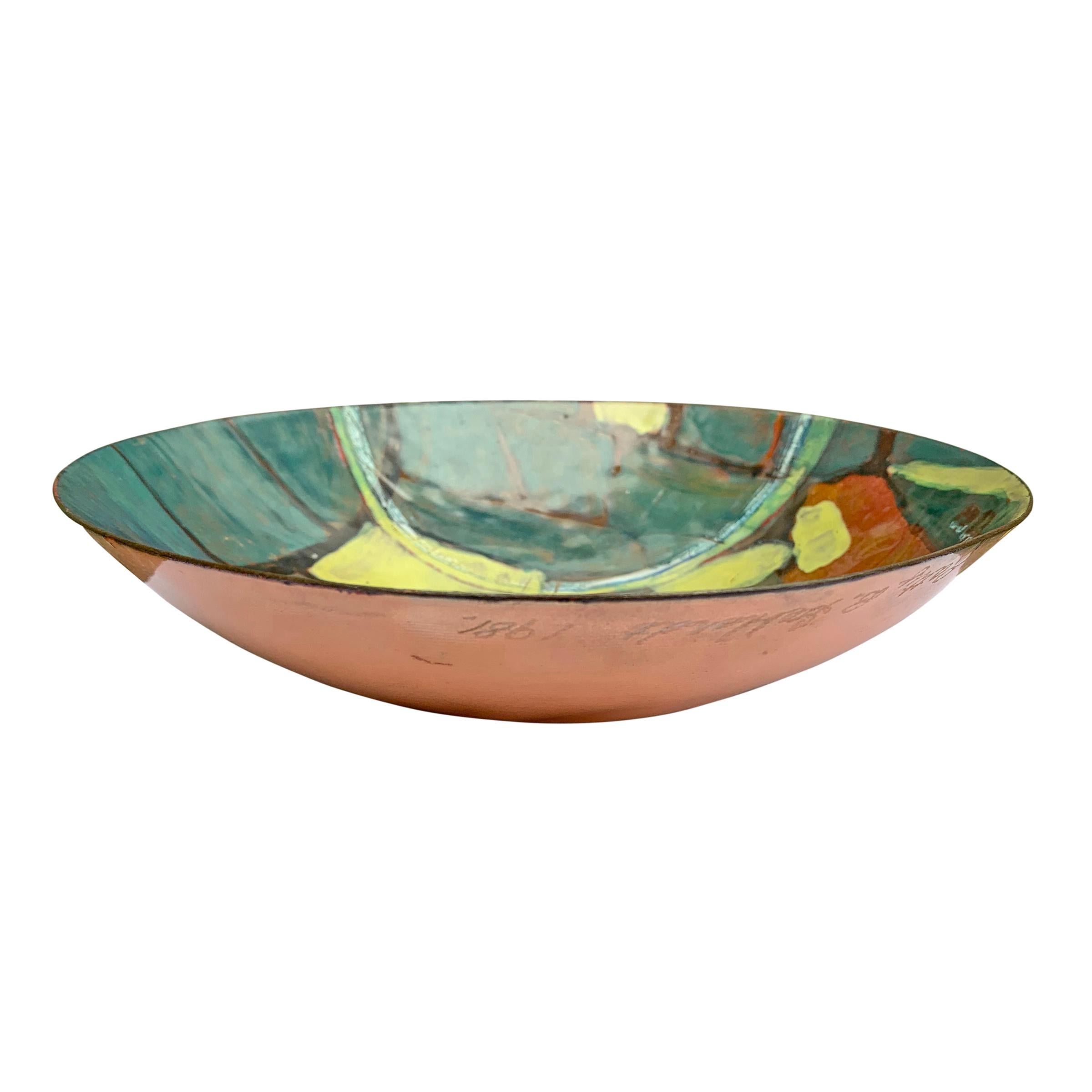 Enameled Vintage Enamel Copper Bowl with Farmland Pattern