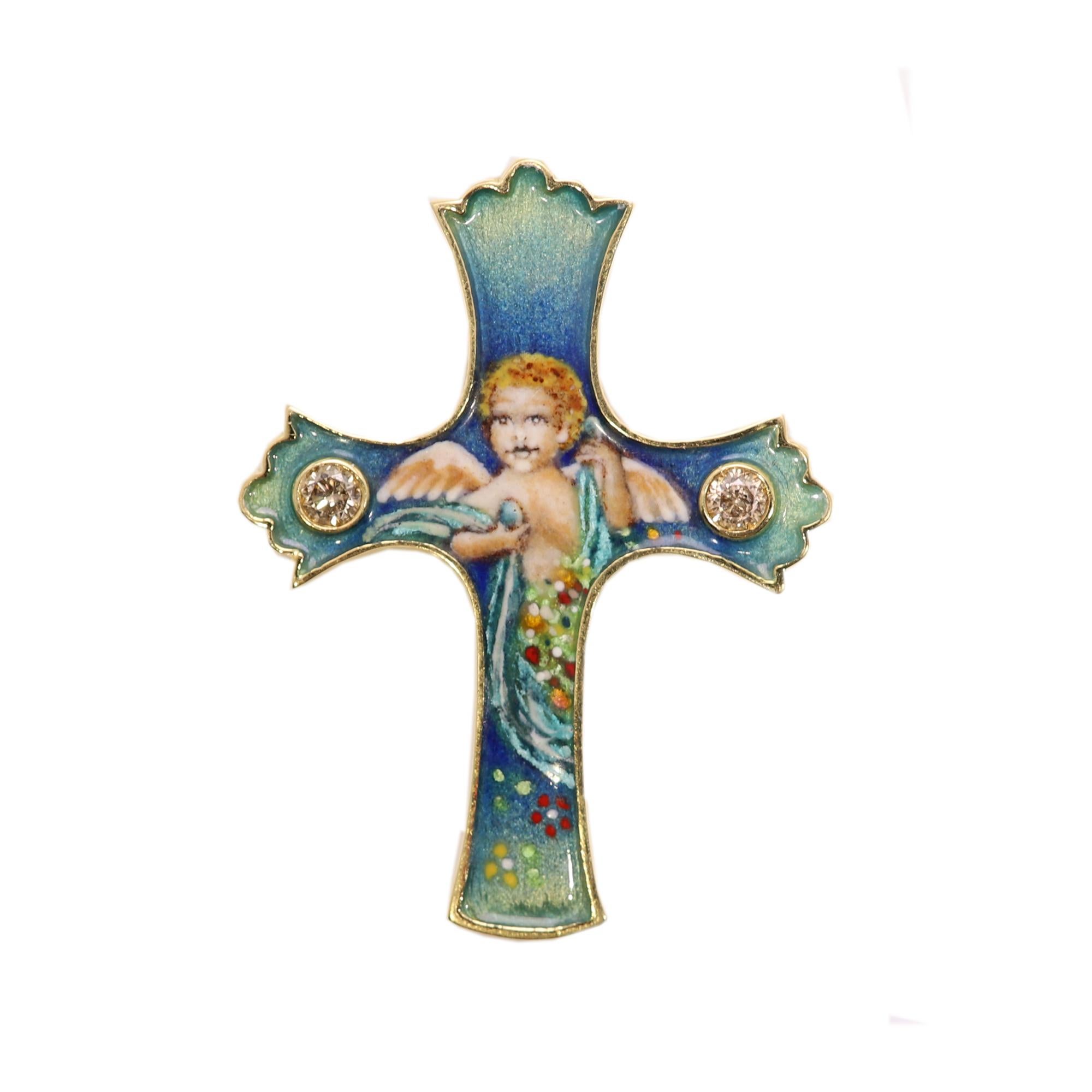 Round Cut Vintage Enamel Cross Angel 18 Karat Yellow Gold Mini Enamel Art and Sapphires For Sale