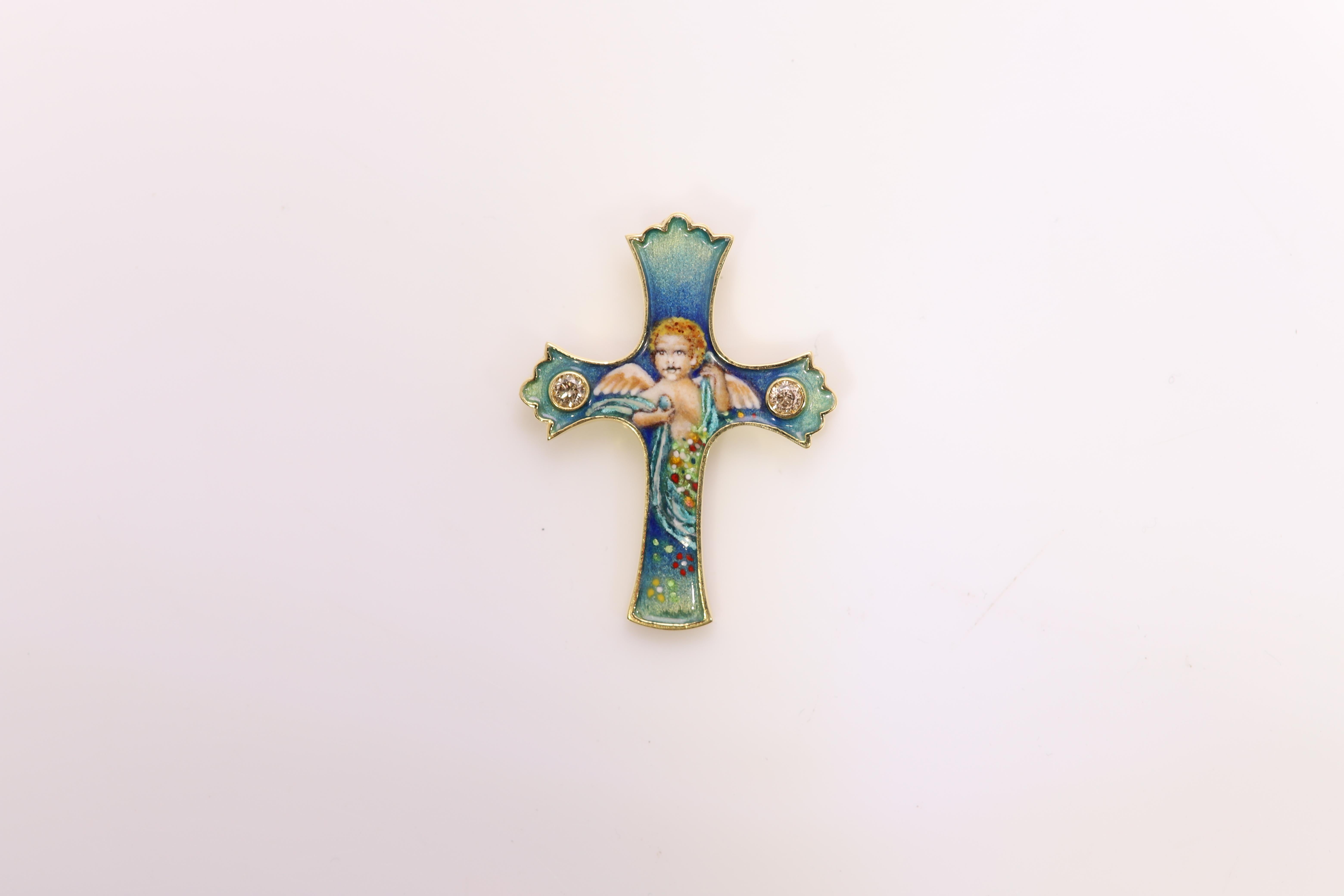 Vintage Enamel Cross Angel 18 Karat Yellow Gold Mini Enamel Art and Sapphires In New Condition For Sale In Brooklyn, NY