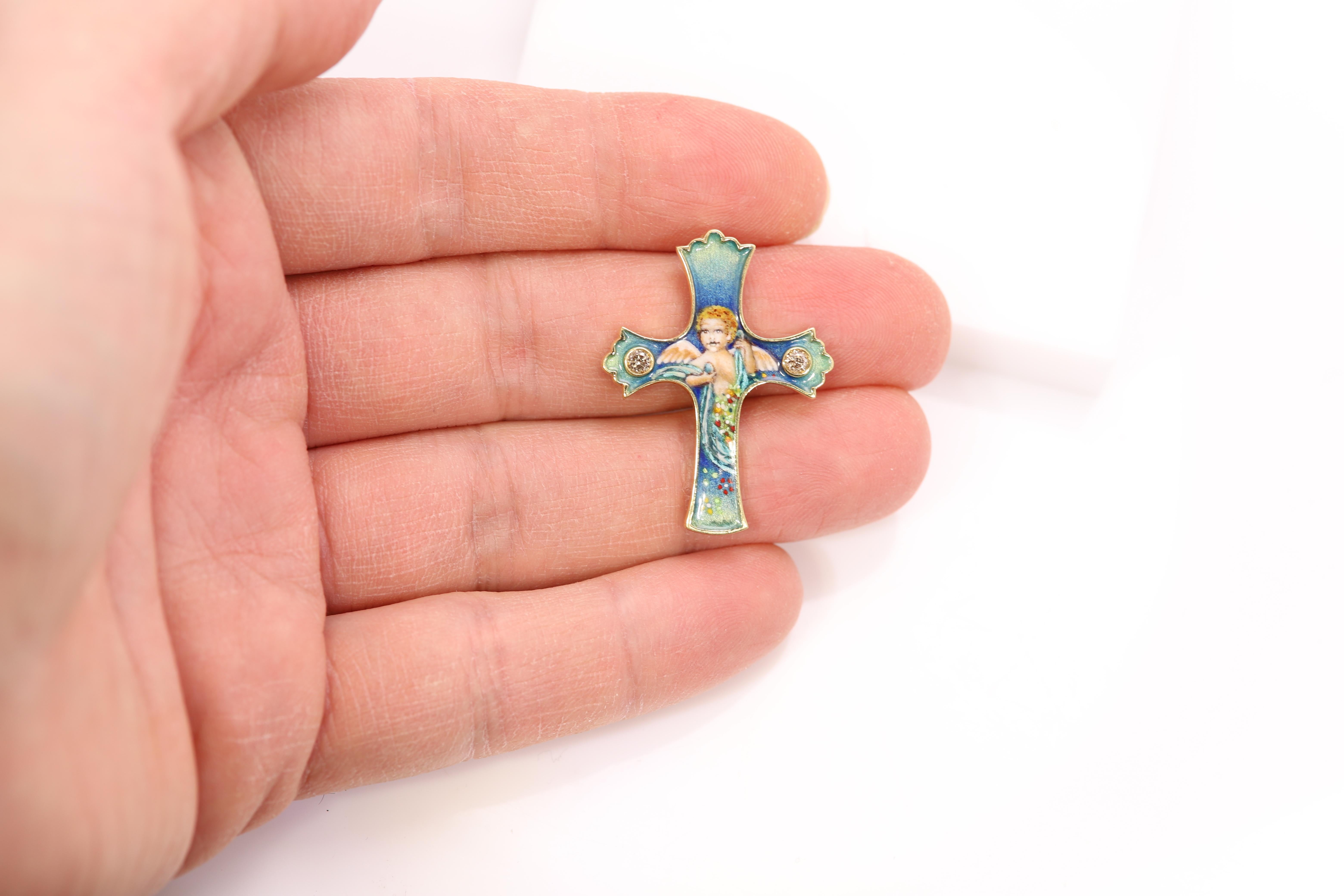 Women's or Men's Vintage Enamel Cross Angel 18 Karat Yellow Gold Mini Enamel Art and Sapphires For Sale