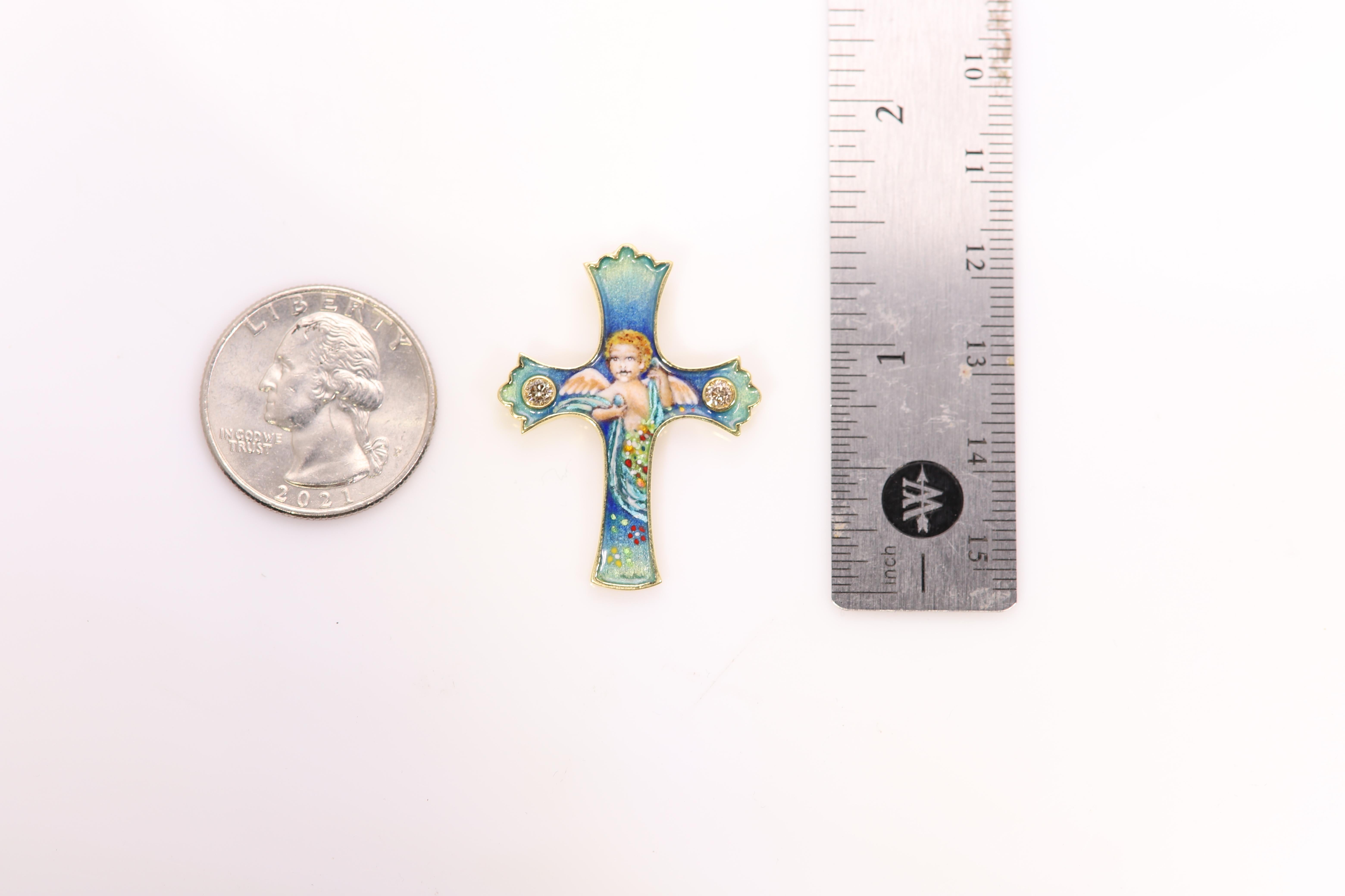 Vintage Enamel Cross Angel 18 Karat Yellow Gold Mini Enamel Art and Sapphires For Sale 3