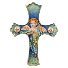 Vintage Enamel Cross Angel 18 Karat Yellow Gold Mini Enamel Art and Sapphires
