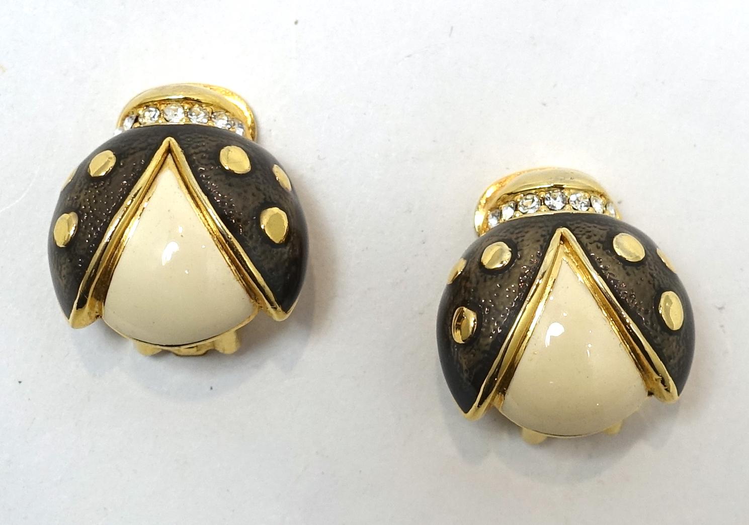Vintage Enamel & Crystal Ladybug Earrings In Good Condition For Sale In New York, NY