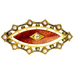 Vintage Enamel, Diamond and Pearl 9 Carat Gold Brooch