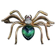 Vintage Enamel Diamond and Ruby Spider Brooch Pin in 15 Karat Yellow Gold