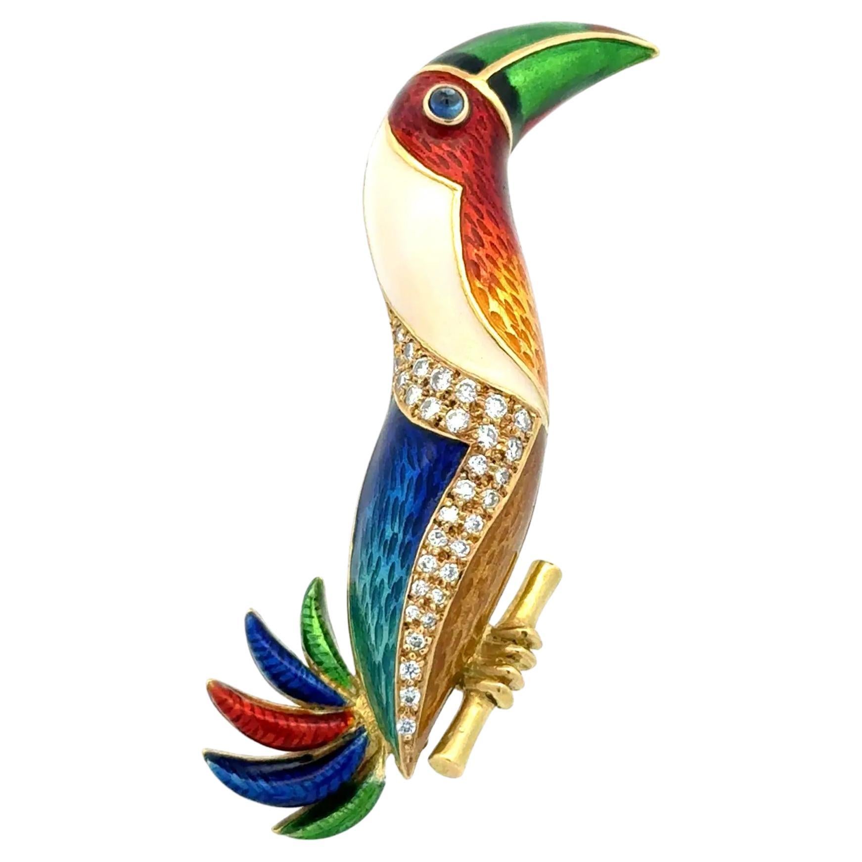 Vintage Emaille Diamant und Saphir Auge Tukan Vogel Brosche Pin