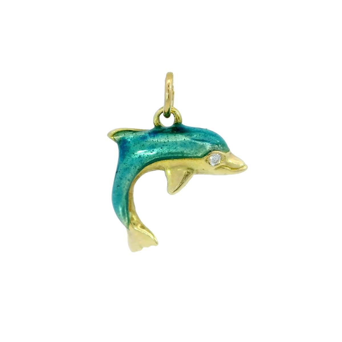 Vintage Enamel Dolphin Charm Pendant 18 Karat Yellow Gold im Angebot 2