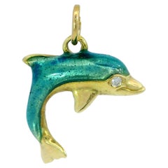 Vintage Enamel Dolphin Charm Pendant 18 Karat Yellow Gold