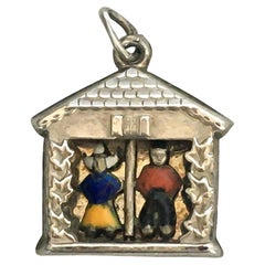 Vintage Enamel Dutch Weather House Silver Charm Pendant