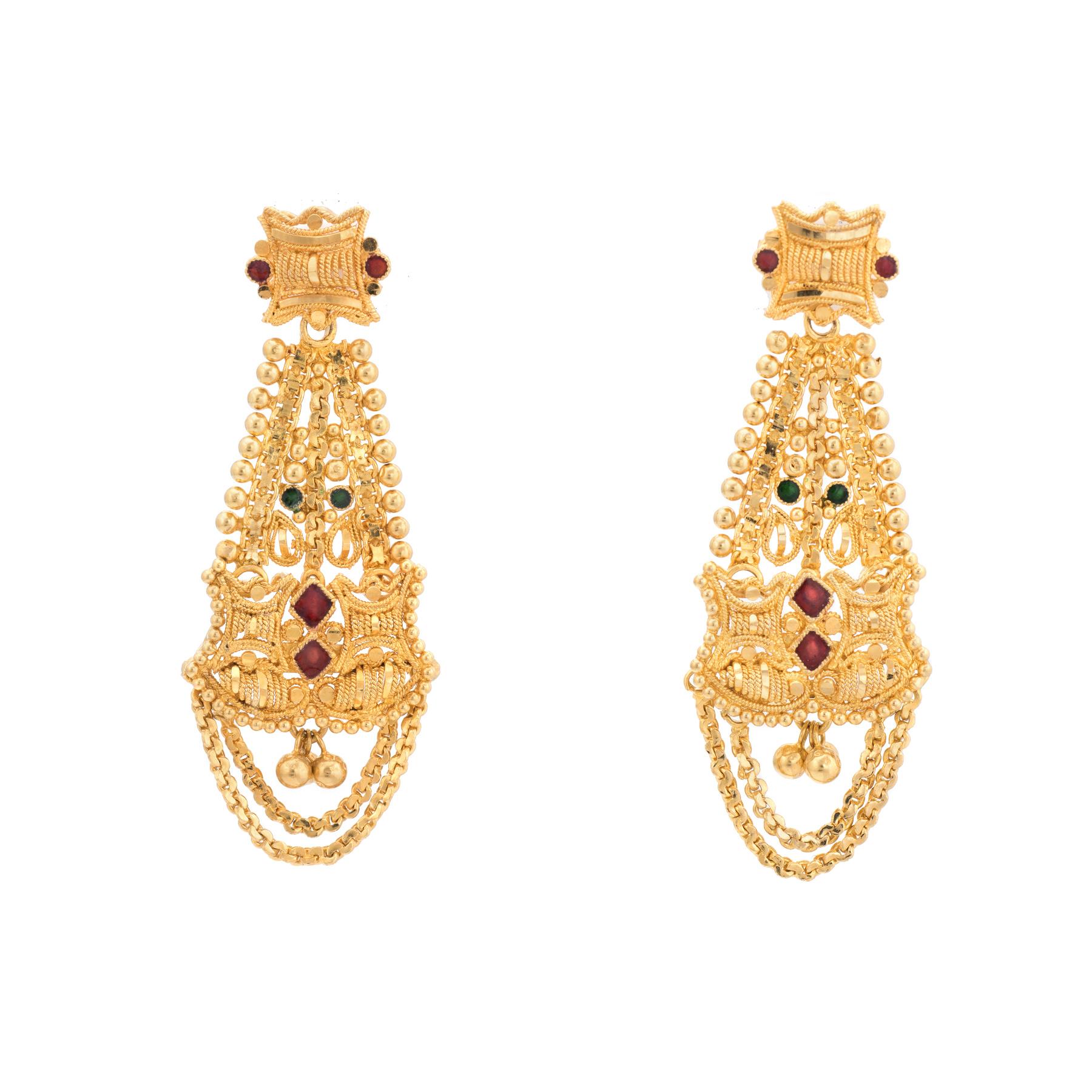 Vintage Enamel Earrings 22 Karat Gold High Karat Dangle Drop Ornate Textured In Excellent Condition In Torrance, CA