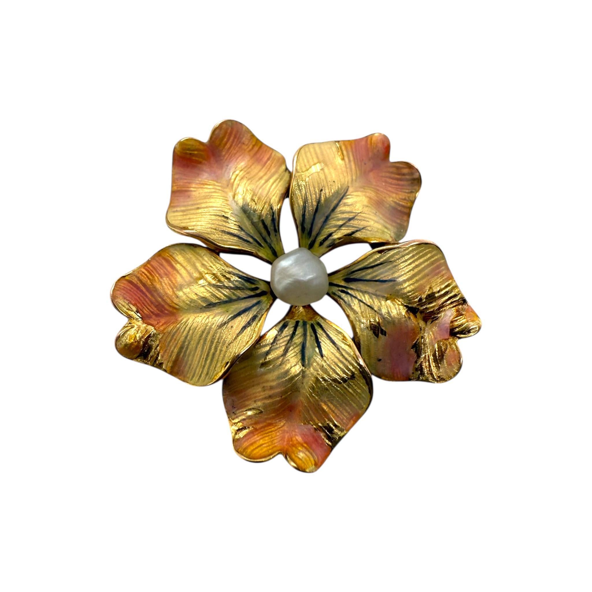 Vintage Broche fleur émaillée pendentif de conversion or jaune 14K Pour femmes en vente