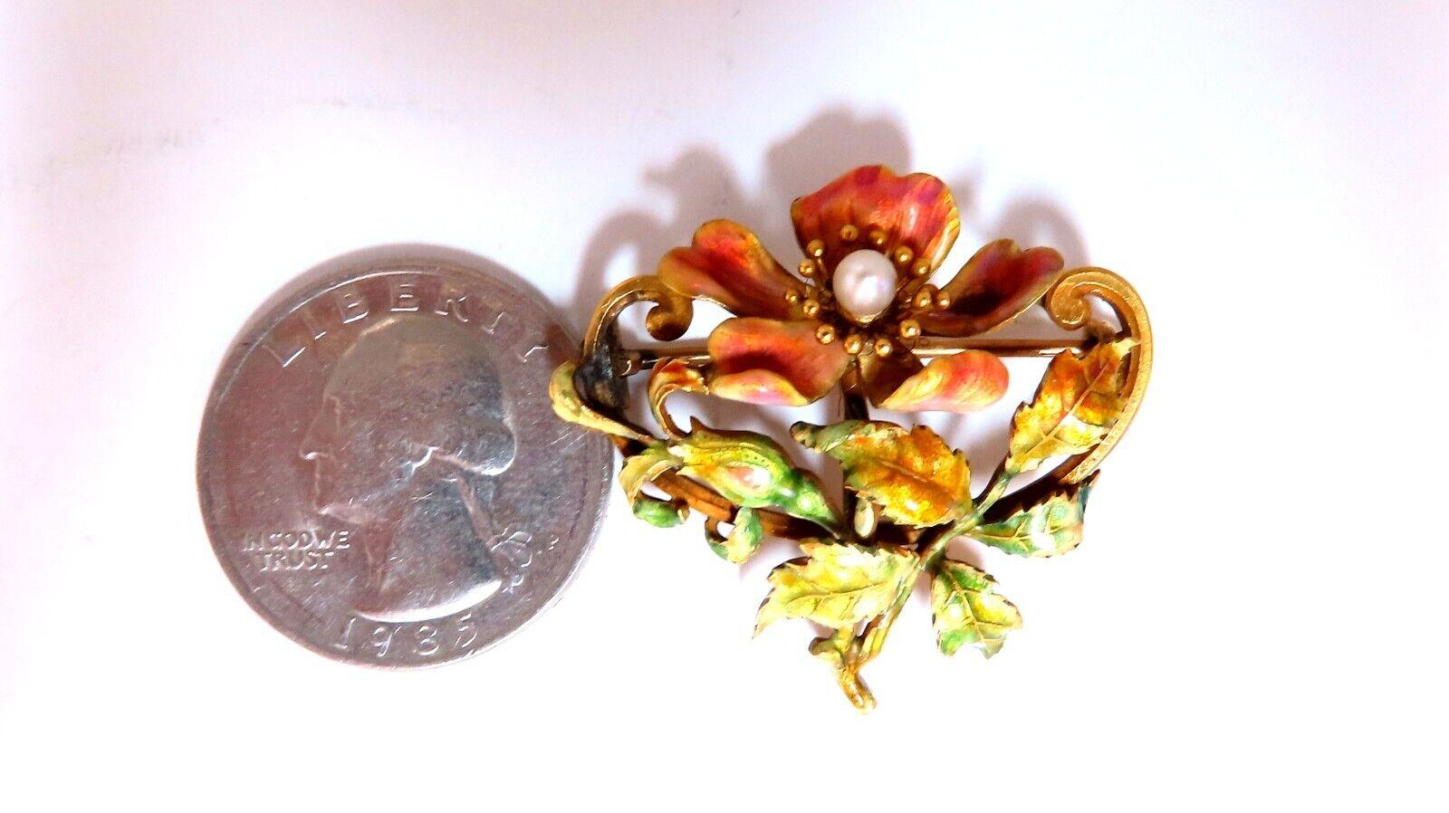 Uncut Vintage Enamel Flower Pin Seed Pearl 18kt For Sale
