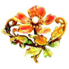 Vintage Enamel Flower Pin Seed Pearl 18kt*
