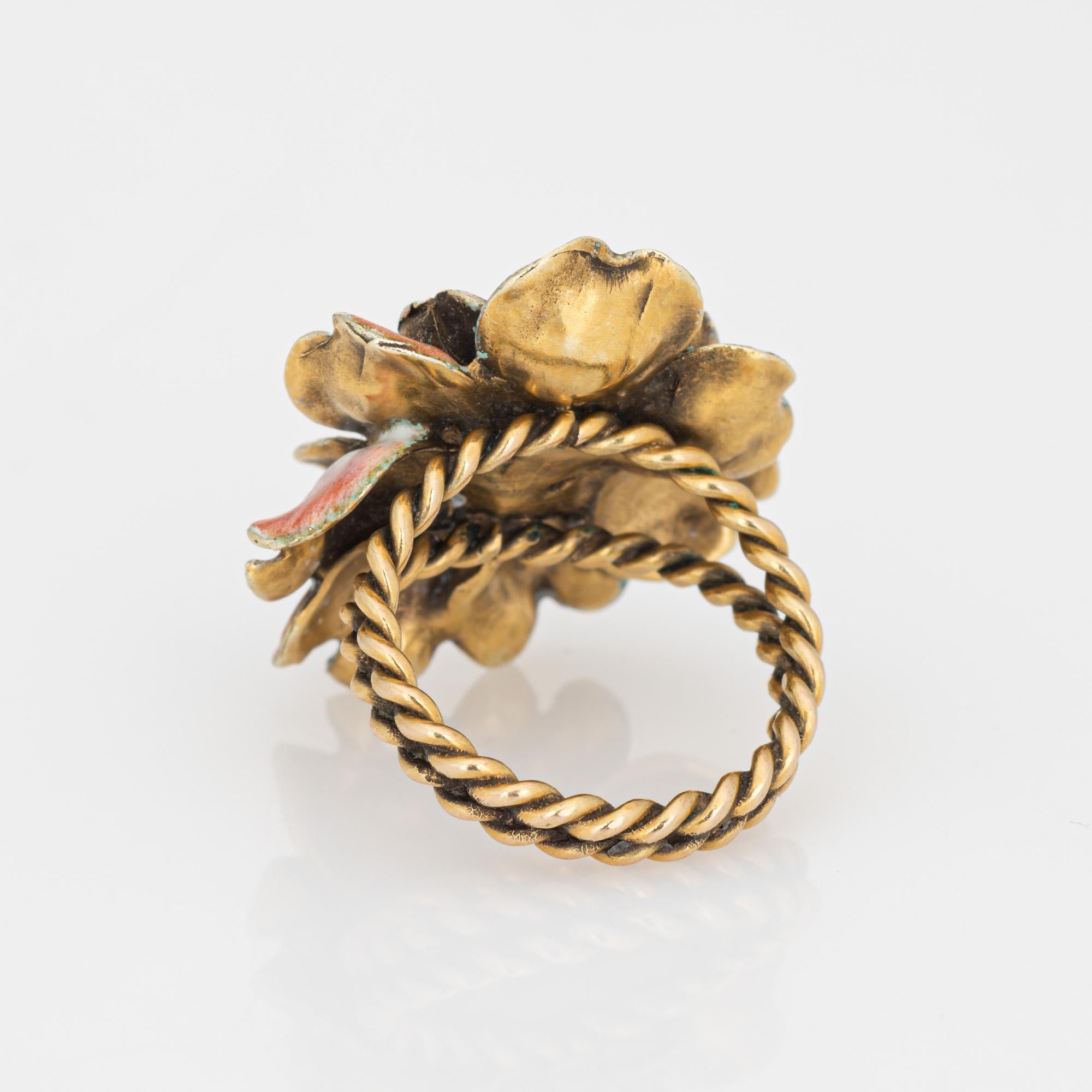 Vintage Emaille Blume Ring Mine Diamant 14k Gelbgold Sz 4,75 Estate Jewelry im Zustand „Gut“ im Angebot in Torrance, CA