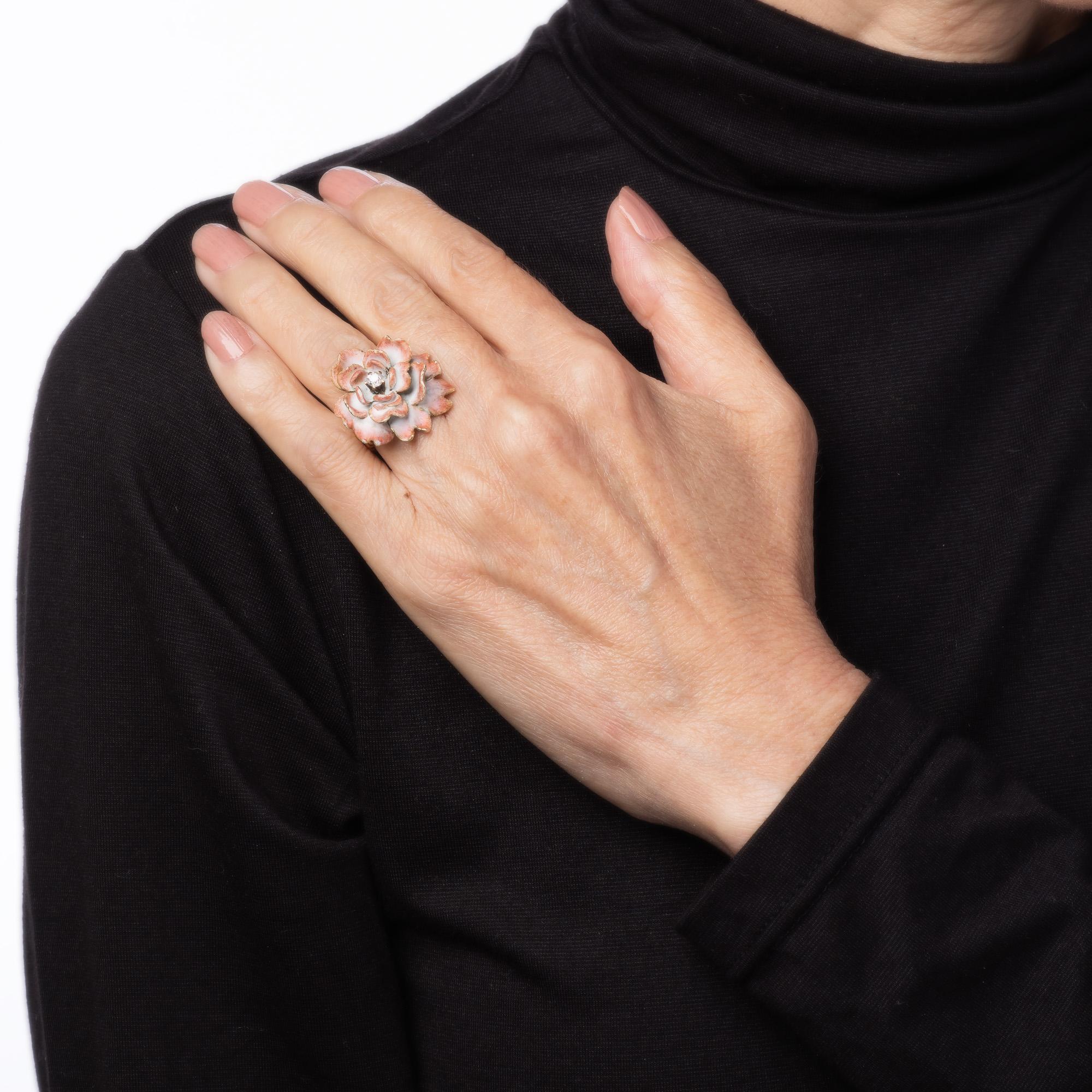 Vintage Emaille Blume Ring Mine Diamant 14k Gelbgold Sz 4,75 Estate Jewelry Damen im Angebot