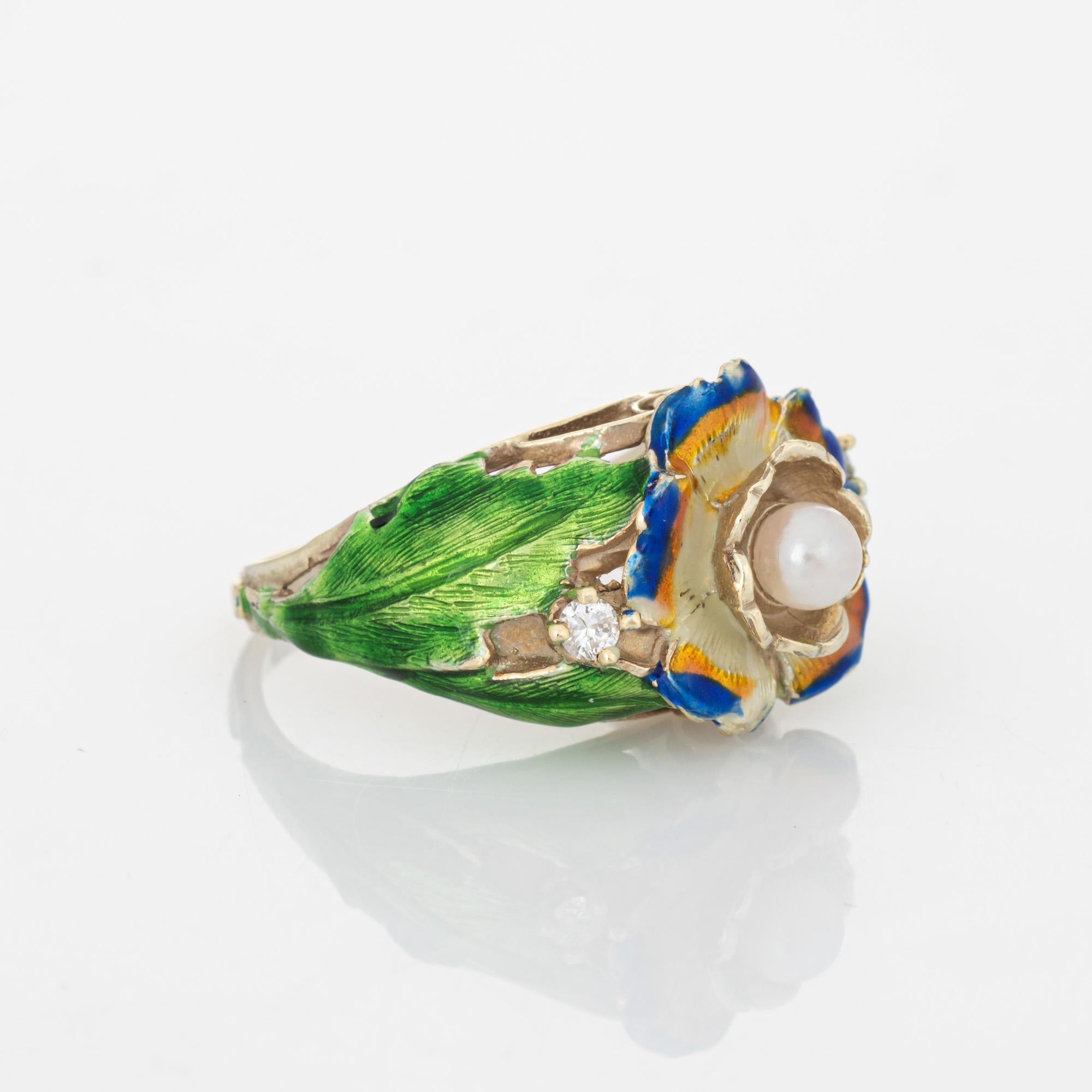 Modern Vintage Enamel Flower Ring Pearl Diamond 14Karat Yellow Gold Estate Jewelry