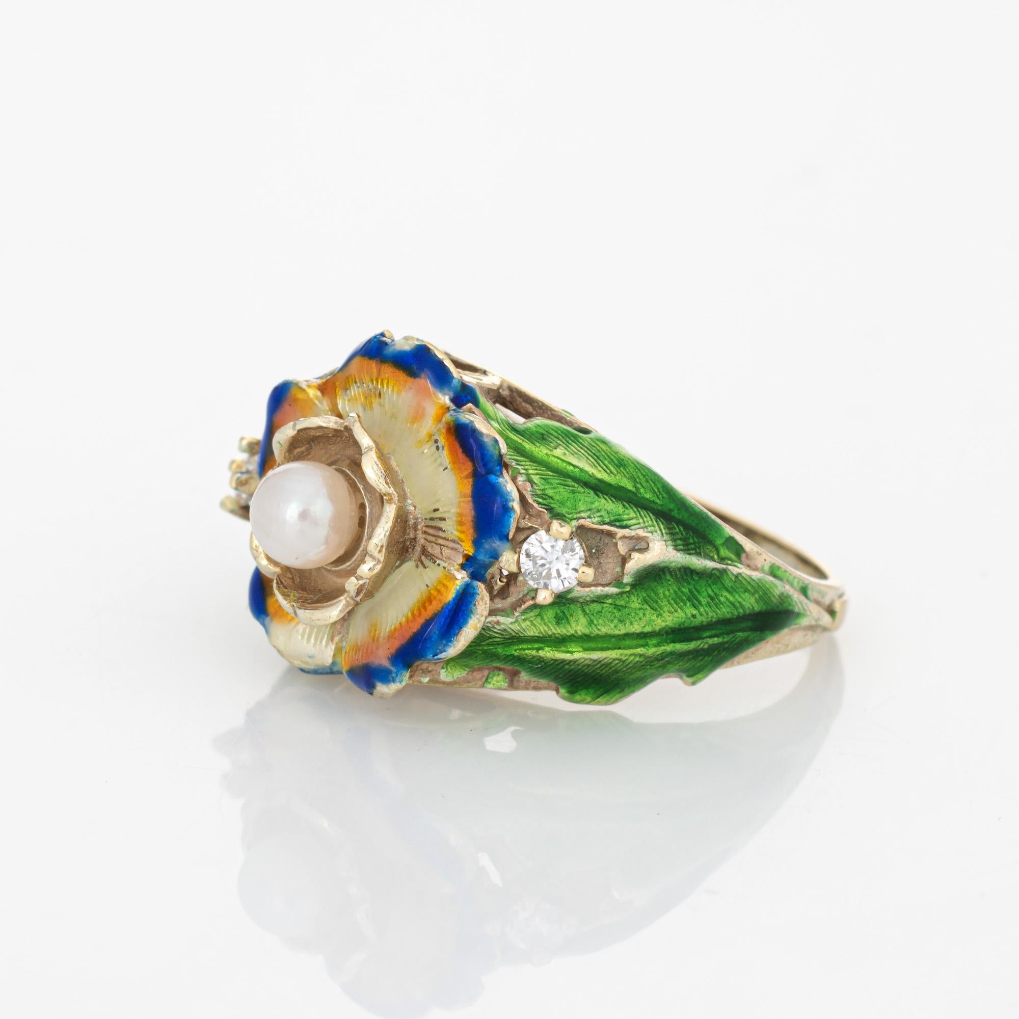 Round Cut Vintage Enamel Flower Ring Pearl Diamond 14Karat Yellow Gold Estate Jewelry